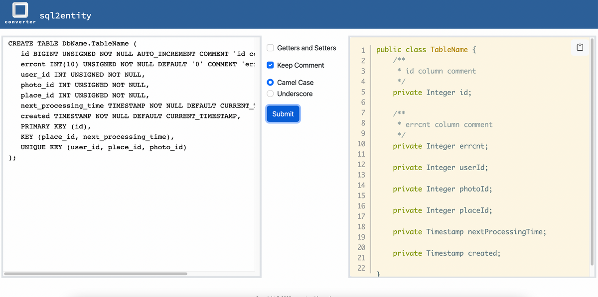 Online Sql Schema to Entity Schema Tool