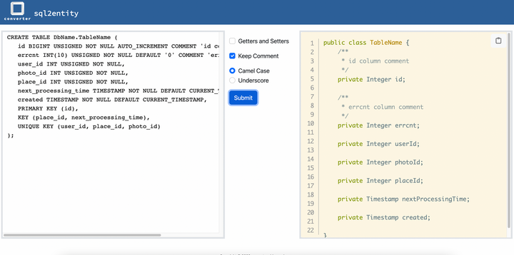 Online Sql Schema to Entity Schema Tool